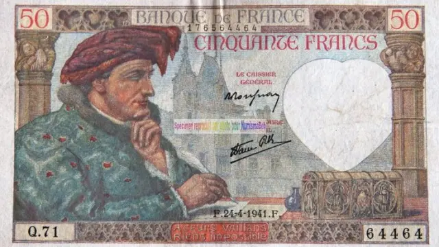 1940 50-franc banknote featuring Jacques Coeur